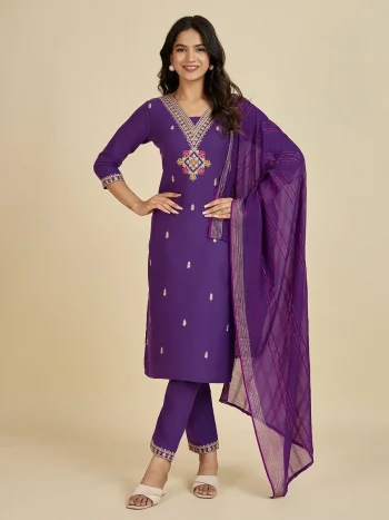 RICH LOOK COTTON EMBROIDERY SEQUENCE WORK TOP BOTTOM WITH DUPATTA PURPLE