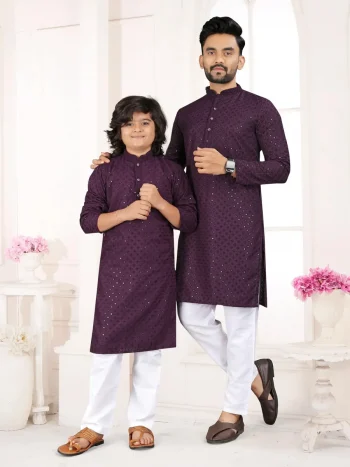 RICH LOOK COTTON RAYON MACHINE EMBROIDERY WORK FATHER SON COMBO SET WINE