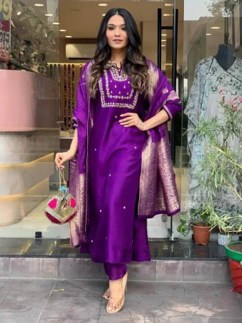RICH LOOK COTTON SLUB EMBROIDERY WORK TOP BOTTOM WITH DUPATTA PURPLE