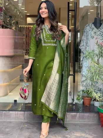 RICH LOOK COTTON SLUB EMBROIDERY WORK TOP BOTTOM WITH DUPATTA GREEN