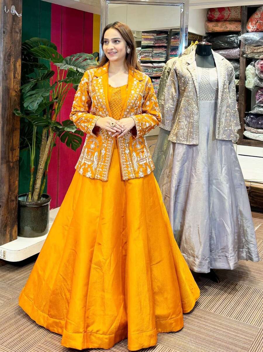RICH LOOK CREPE EMBROIDERY WORK GOWN WITH JACKET PARTY WEAR WHOLESALE PRICE ETHNIC GARMENT (1)