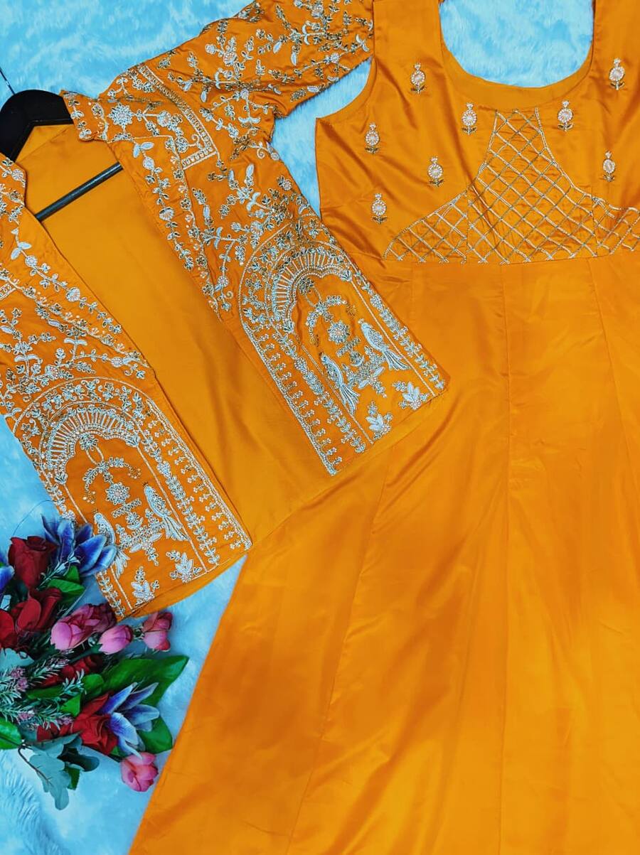 RICH LOOK CREPE EMBROIDERY WORK GOWN WITH JACKET PARTY WEAR WHOLESALE PRICE ETHNIC GARMENT (2)