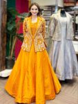RICH LOOK CREPE EMBROIDERY WORK GOWN WITH JACKET YELLOW