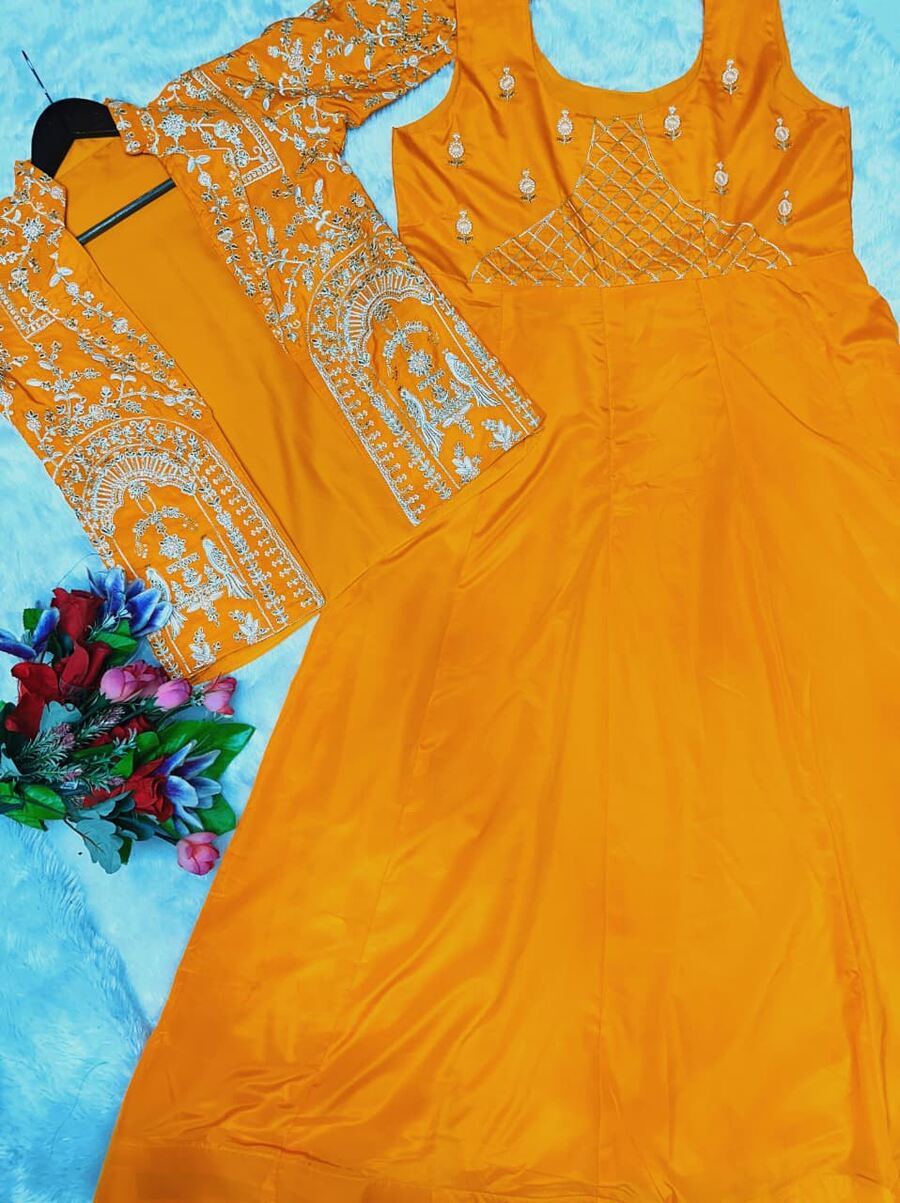 RICH LOOK CREPE EMBROIDERY WORK GOWN WITH JACKET PARTY WEAR WHOLESALE PRICE ETHNIC GARMENT (6)