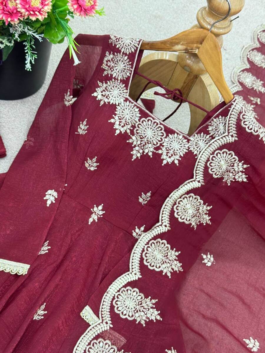 RICH LOOK CRUNCHY SILK EMBROIDERY SEQUENCE WORK GOWN BOTTOM WITH DUPATTA FESTIVE WEAR WHOLESALE PRICE ETHNIC GARMENT (1)