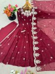 RICH LOOK CRUNCHY SILK EMBROIDERY SEQUENCE WORK GOWN BOTTOM WITH DUPATTA FESTIVE WEAR WHOLESALE PRICE ETHNIC GARMENT (9)