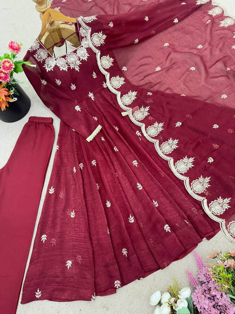 RICH LOOK CRUNCHY SILK EMBROIDERY SEQUENCE WORK GOWN BOTTOM WITH DUPATTA FESTIVE WEAR WHOLESALE PRICE ETHNIC GARMENT (15)