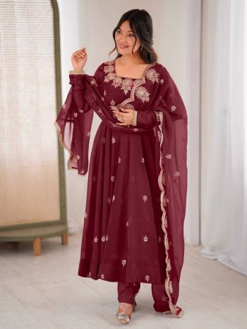 RICH LOOK CRUNCHY SILK EMBROIDERY SEQUENCE WORK GOWN BOTTOM WITH DUPATTA MAROON