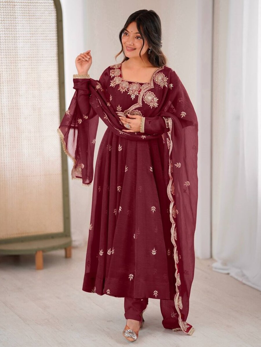 RICH LOOK CRUNCHY SILK EMBROIDERY SEQUENCE WORK GOWN BOTTOM WITH DUPATTA FESTIVE WEAR WHOLESALE PRICE ETHNIC GARMENT (9)