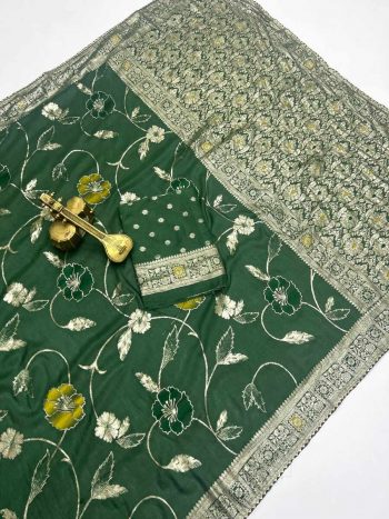 RICH LOOK DOLA SILK ZARI & MEENAKARI WEAVING WITH PIPING LACE BORDER WORK SAREE WITH UNSTITCHED BLOUSE GREEN