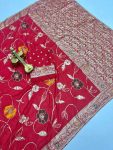 RICH LOOK DOLA SILK ZARI & MEENAKARI WEAVING WITH PIPING LACE BORDER WORK SAREE WITH UNSTITCHED BLOUSE RED