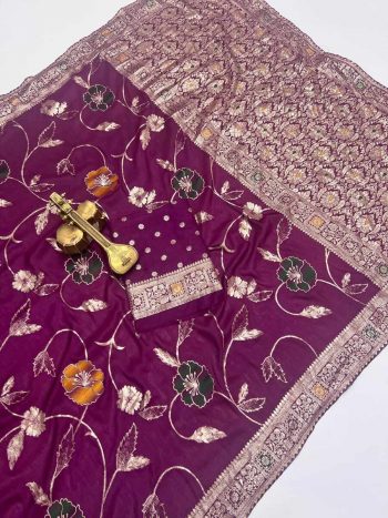 RICH LOOK DOLA SILK ZARI & MEENAKARI WEAVING WITH PIPING LACE BORDER WORK SAREE WITH UNSTITCHED BLOUSE WINE