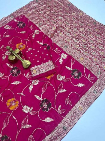 RICH LOOK DOLA SILK ZARI & MEENAKARI WEAVING WITH PIPING LACE BORDER WORK SAREE WITH UNSTITCHED BLOUSE RANI