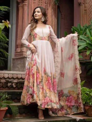 RICH LOOK GEORGETTE DIGITAL PRINT AND HANDWORK GOWN BOTTOM WITH DUPATTA PEACH