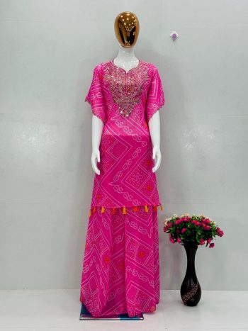 RICH LOOK GEORGETTE DIGITAL PRINT WITH EMBROIDERY SEQUENCE WORK WITH LATKAN WORK KAFTAN BLOUSE AND SHARARA PINK