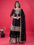 RICH LOOK GEORGETTE EMBROIDERY CODING DORI-SEQUENCE WORK WITH RIVET MOTI WORK TOP SHARARA WITH DUPATTA BLACK