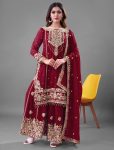 RICH LOOK GEORGETTE EMBROIDERY CODING DORI-SEQUENCE WORK WITH RIVET MOTI WORK TOP SHARARA WITH DUPATTA MAROON