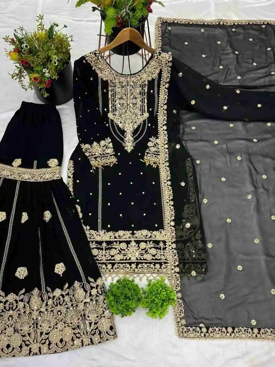 RICH LOOK GEORGETTE EMBROIDERY CODING DORI-SEQUENCE WORK WITH RIVET MOTI WORK TOP SHARARA WITH DUPATTA FESTIVE WEAR WHOLESALE PRICE ETHNIC GARMENT (23)