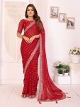 RICH LOOK GEORGETTE EMBROIDERY SEQUENCE WORK SAREE WITH UNSTITCHED BLOUSE RED