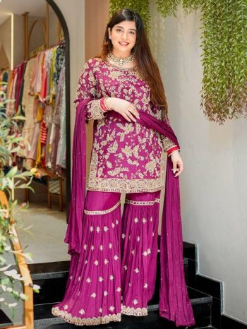 RICH LOOK GEORGETTE EMBROIDERY SEQUENCE WORK TOP SHARARA WITH DUPATTA PINK