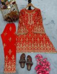 RICH LOOK GEORGETTE EMBROIDERY SEQUENCE WORK WITH FANCY LACE BORDER WORK TOP BOTTOM SET RED