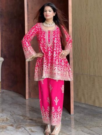 RICH LOOK GEORGETTE EMBROIDERY SEQUENCE WORK WITH FANCY LACE BORDER WORK TOP BOTTOM SET PINK