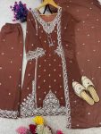 RICH LOOK GEORGETTE EMBROIDERY SEQUENCE WORK WITH FANCY LATKAN WORK TOP PALAZZO WITH DUPATTA  BROWN