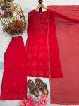 RICH LOOK GEORGETTE EMBROIDERY WITH DIAMOND HAND WORK TOP PALAZZO WITH DUPATTA RED