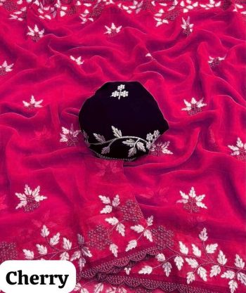 RICH LOOK GEORGETTE EMBROIDERY WORK BUTTA AND SCALLOPED BORDER WORK SAREE WITH UNSTITCHED BLOUSE PINK