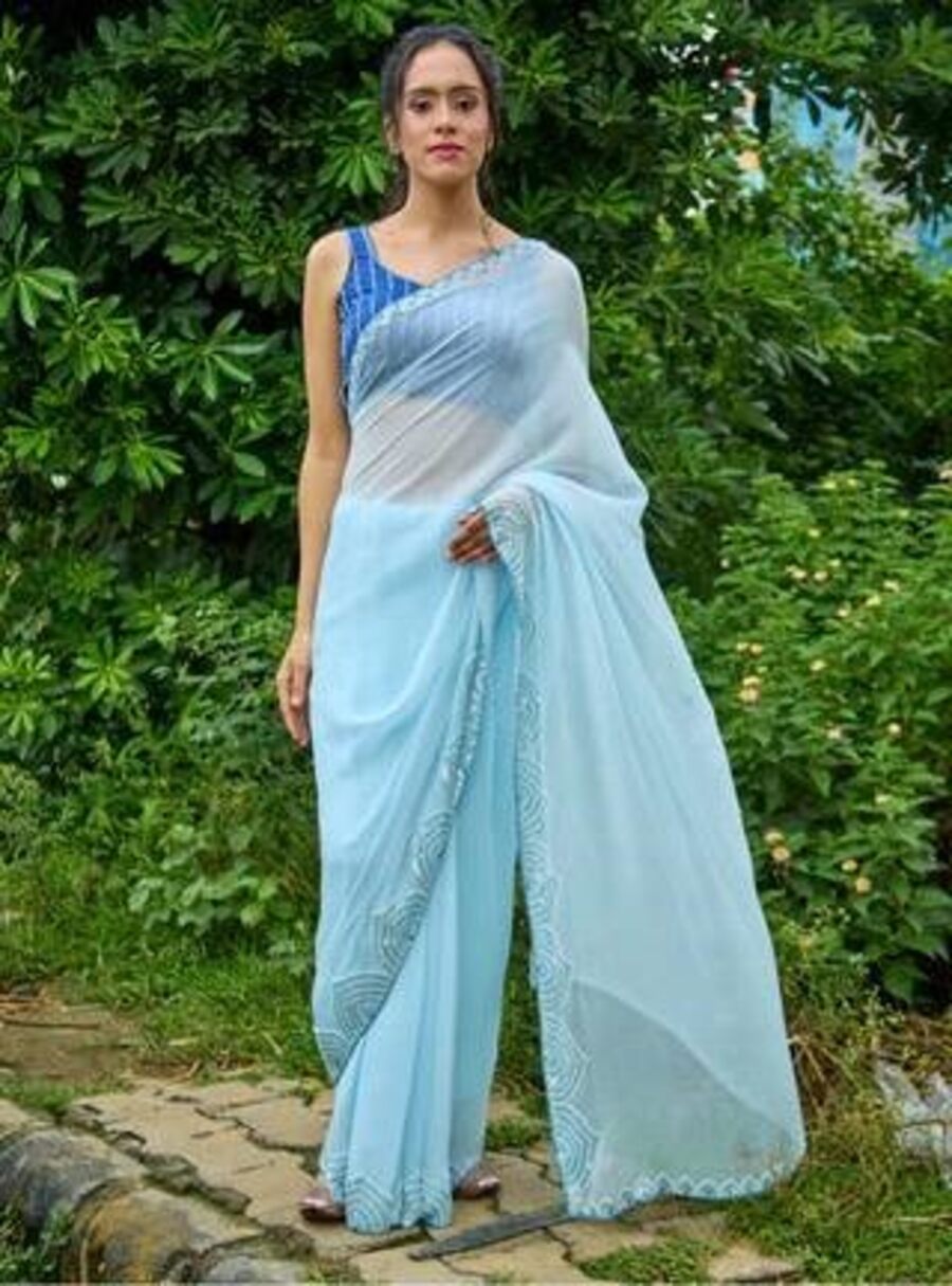 RICH LOOK GEORGETTE HANDWORK MOTI CUT DANA WITH SEQUENCE WORK SAREE WITH UNSTITCHED BLOUSE PARTY WEAR WHOLESALE PRICE ETHNIC GARMENT (2)