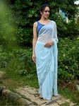 RICH LOOK GEORGETTE HANDWORK MOTI CUT DANA WITH SEQUENCE WORK SAREE WITH UNSTITCHED BLOUSE SKY