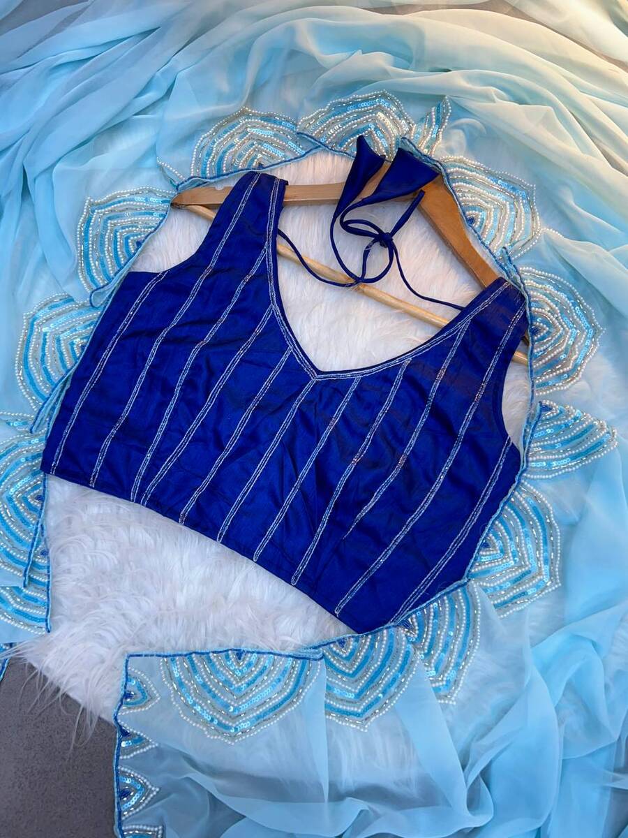 RICH LOOK GEORGETTE HANDWORK MOTI CUT DANA WITH SEQUENCE WORK SAREE WITH UNSTITCHED BLOUSE PARTY WEAR WHOLESALE PRICE ETHNIC GARMENT (9)