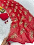 RICH LOOK GEORGETTE SEQUANCE WORK WITH BEAUTIFUL PEACOCK AND BUTTERFLY BUTTA WORK SAREE WITH UNSTITCHED BLOUSE RED