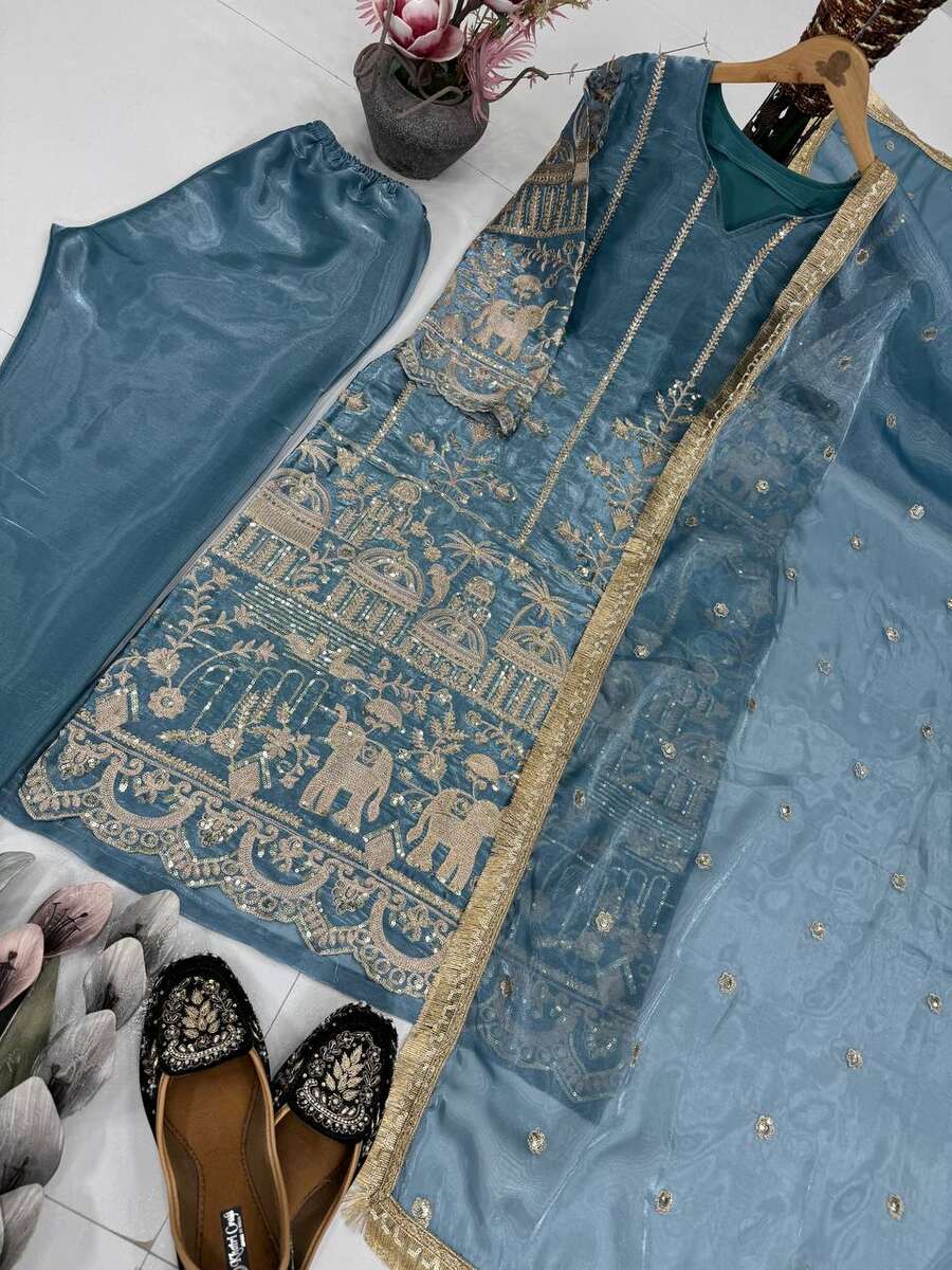 RICH LOOK JIMMY CHOO ORGANZA BOTH SIDE CHAIN SEQUENCE WORK TOP BOTTOM WITH DUPATTA FESTIVE WEAR WHOLESALE PRICE ETHNIC GARMENT (1)