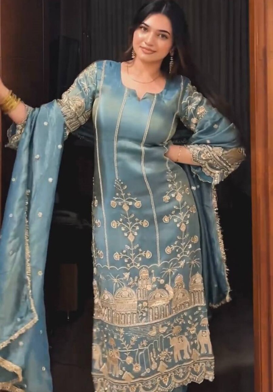 RICH LOOK JIMMY CHOO ORGANZA BOTH SIDE CHAIN SEQUENCE WORK TOP BOTTOM WITH DUPATTA FESTIVE WEAR WHOLESALE PRICE ETHNIC GARMENT (2)