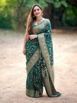 RICH LOOK LICHI SILK BANARASI WEAVING WORK SAREE WITH UNSTITCHED BLOUSE GREEN
