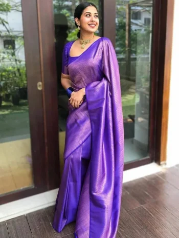 RICH LOOK LICHI SILK JACQUARD BORDER COPPER WORK SAREE WITH UNSTITCHED BLOUSE  PURPLE