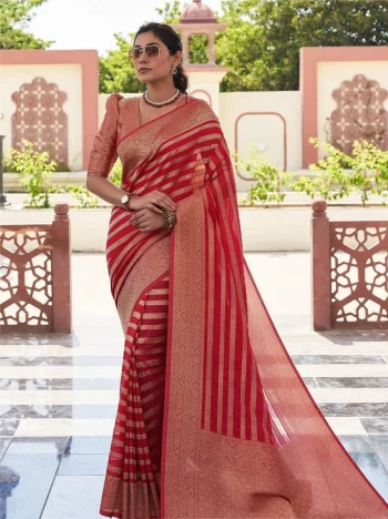 RICH LOOK LICHI SILK JACQUARD WORK SAREE WITH UNSTITCHED BLOUSE RED