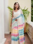 RICH LOOK LINEN COTTON DIGITAL PRINTED WORK SAREE WITH UNSTITCHED BLOUSE MULTI