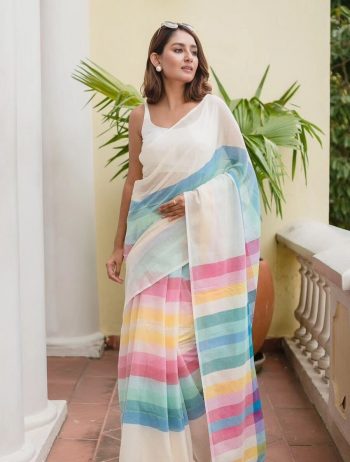 RICH LOOK LINEN COTTON DIGITAL PRINTED WORK SAREE WITH UNSTITCHED BLOUSE MULTI