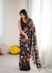 RICH LOOK MOSS CHIFFON DIGITAL PRINT WORK SAREE WITH UNSTITCHED BLOUSE BLACK