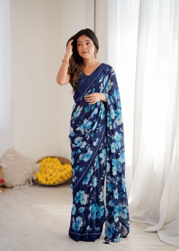 RICH LOOK MOSS CHIFFON DIGITAL PRINT WORK SAREE WITH UNSTITCHED BLOUSE NAVY BLUE