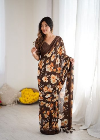 RICH LOOK MOSS CHIFFON DIGITAL PRINT WORK SAREE WITH UNSTITCHED BLOUSE BROWN