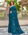 RICH LOOK MUSLIN COTTON SILK DIGITAL PRINT WORK SAREE WITH UNSTITCHED BLOUSE TEAL