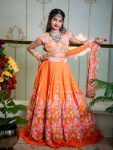 RICH LOOK MUSLIN COTTON SILK POSITION WORK & HAND WORK LEHENGA CHOLI WITH DUPATTA ORANGE