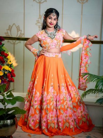 RICH LOOK MUSLIN COTTON SILK POSITION WORK & HAND WORK LEHENGA CHOLI WITH DUPATTA ORANGE