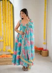 RICH LOOK MUSLIN FLORAL PRINT WORK GOWN BOTTOM WITH DUPATTA SKY