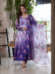 RICH LOOK ORGANZA FLORAL PRINT WORK ANARKALI GOWN BOTTOM WITH DUPATTA PURPLE