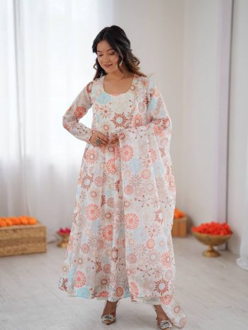 RICH LOOK ORGANZA FLORAL PRINT WORK ANARKALI GOWN BOTTOM WITH DUPATTA WHITE