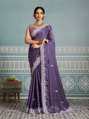 RICH LOOK RANGOLI SILK EMBROIDERY SEQUENCE WITH CUTWORK BORDER WORK SAREE WITH UNSTITCHED BLOUSE LAVENDER
